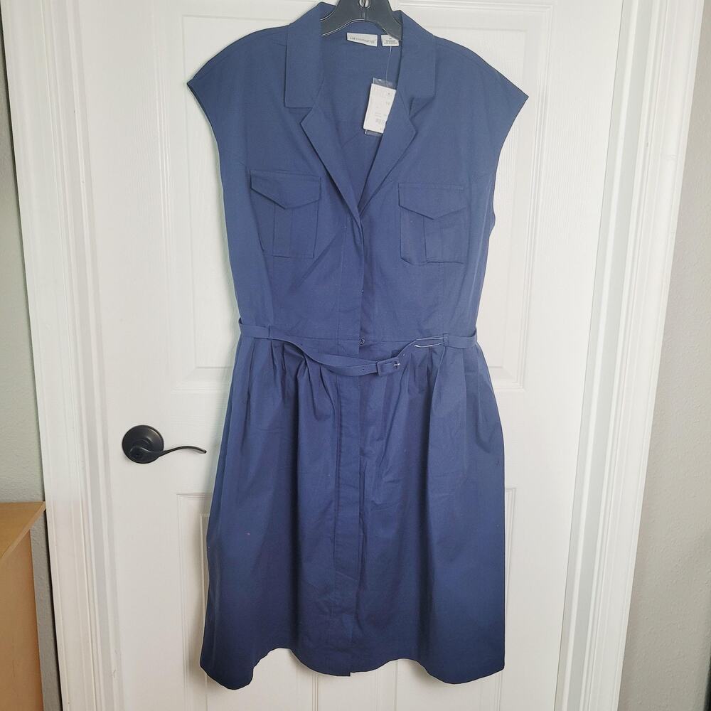 Liz Claiborne Dress Womens 14 Blue Belted Shirt Dress Pockets A-line Career